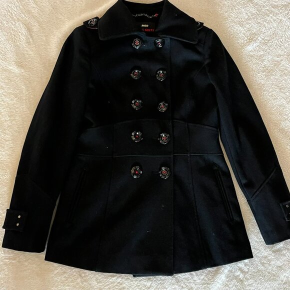 Miss Sixty Black Wool Blend Double Breasted Pea Coat with a red lining Medium - Picture 6 of 8